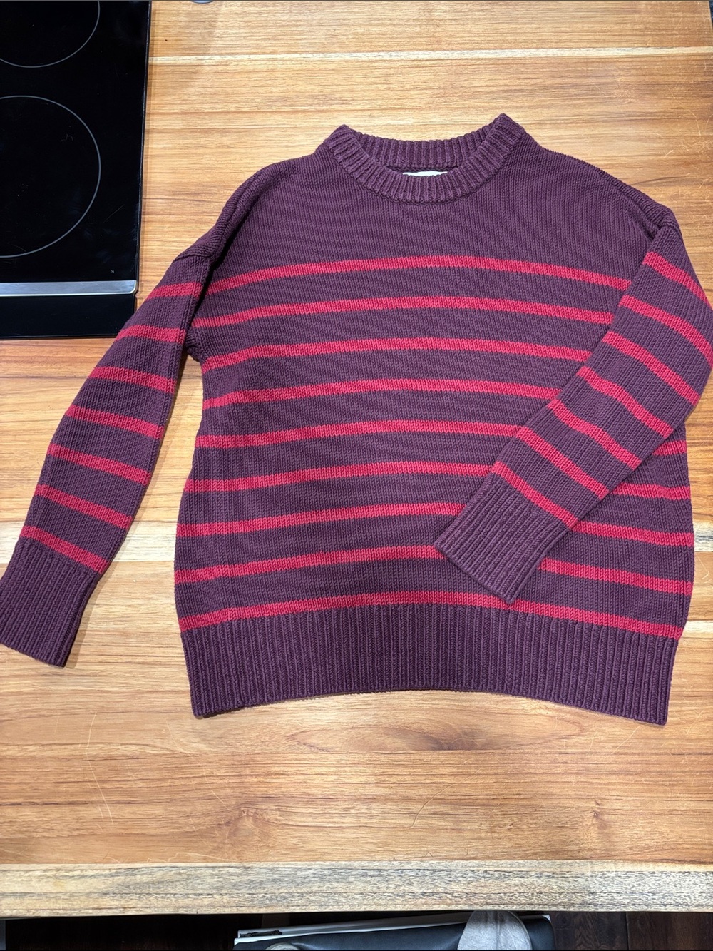 LOFT Women's Burgundy and Red Striped Crewneck Sweater